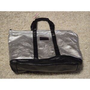 Victoria's Secret Metallic Silver Black Weekender Duffel Travel Bag Large